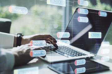 Poster - Multi exposure of abstract programming language hologram with hands typing on computer keyboard on background, artificial intelligence and machine learning concept