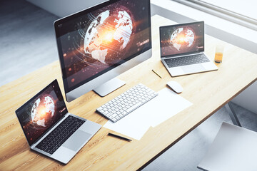 Poster - Abstract creative digital world map on modern laptop monitor, tourism and traveling concept. 3D Rendering