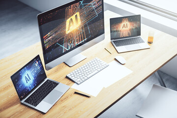 Aufkleber - Modern computer monitor with creative artificial Intelligence icon. Neural networks and machine learning concept. 3D Rendering