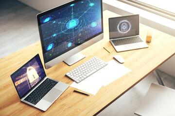Poster - Computer monitor with creative light lock illustration and microcircuit, cyber security concept. 3D Rendering