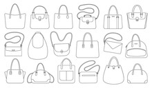 Woman Bag Isolated Outline Set Icon. Vector Illustration Handbag On White Background. Vector Outline Set Icon Woman Bag.