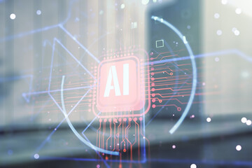 Aufkleber - Double exposure of creative artificial Intelligence abbreviation hologram on contemporary business center exterior background. Future technology and AI concept
