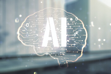 Aufkleber - Virtual creative artificial Intelligence hologram with human brain sketch on blurry modern office building background. Multiexposure
