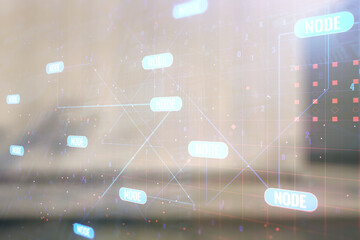 Poster - Abstract virtual coding illustration on blurry contemporary office building background, software development concept. Multiexposure