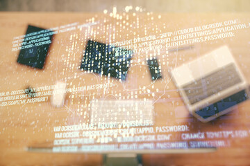 Poster - Creative code skull sketch on modern laptop background, theft of personal data and malware concept. Multiexposure