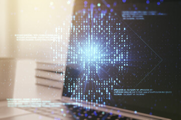 Poster - Creative code skull sketch on modern laptop background, theft of personal data and malware concept. Multiexposure