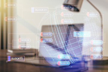 Poster - Double exposure of abstract programming language with world map on laptop background, research and development concept