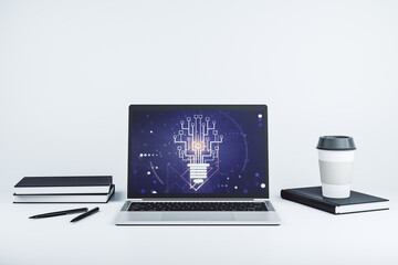 Aufkleber - Creative light bulb illustration with microcircuit on modern computer monitor, future technology concept. 3D Rendering