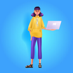 Poster - woman using laptop social media network online communication concept full length