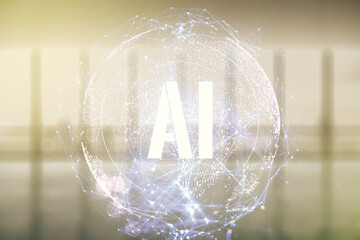 Poster - Creative artificial Intelligence symbol hologram on modern interior background. Double exposure