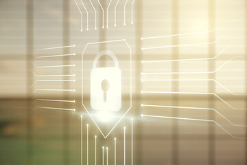 Poster - Virtual creative lock symbol and microcircuit illustration on empty corporate office background. Protection and firewall concept. Multiexposure