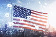 Double exposure of abstract virtual medical hologram on USA flag and blurry cityscape background. Healthcare technolody concept