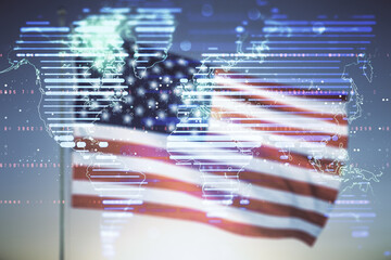 Poster - Abstract creative world map interface on USA flag and sunset sky background, international trading concept. Multiexposure