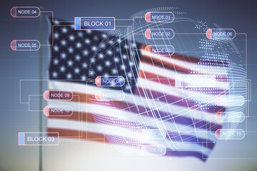 Poster - Abstract virtual coding concept and world map hologram on USA flag and sunset sky background. Multiexposure