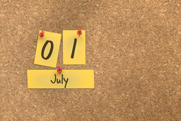 Fototapete - 3d rendering of important days concept. July 1st. Day 1 of month. The date written on yellow papers is pinned to the cork board. Summer month, day of the year. Remind you an important event.