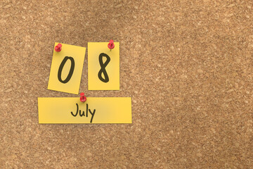 Fototapete - 3d rendering of important days concept. July 8th. Day 8 of month. The date written on yellow papers is pinned to the cork board. Summer month, day of the year. Remind you an important event.