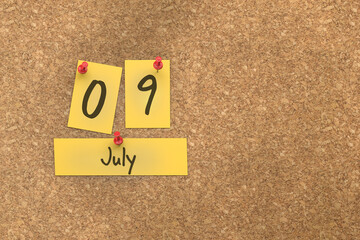 Fototapete - 3d rendering of important days concept. July 9th. Day 9 of month. The date written on yellow papers is pinned to the cork board. Summer month, day of the year. Remind you an important event.