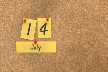 Fototapete - 3d rendering of important days concept. July 14th. Day 14 of month. The date written on yellow papers is pinned to the cork board. Summer month, day of the year. Remind you an important event.