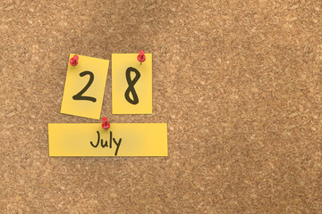 Fototapete - 3d rendering of important days concept. July 28th. Day 28 of month. The date written on yellow papers is pinned to the cork board. Summer month, day of the year. Remind you an important event.