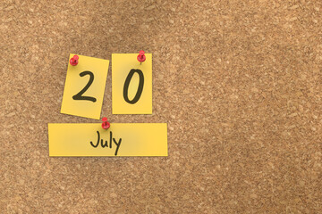 Fototapete - 3d rendering of important days concept. July 20th. Day 20 of month. The date written on yellow papers is pinned to the cork board. Summer month, day of the year. Remind you an important event.