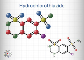 Poster - Hydrochlorothiazide, HCTZ, HCT molecule. It is thiazide diuretic, used to treat edema and hypertension. Structural chemical formula and molecule model. Sheet of paper in a cage