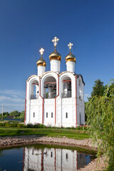 Sticker - View of the tent-roofed bell tower of St. Nikolsky Monastery. Pereslavl Zalessky, Russia