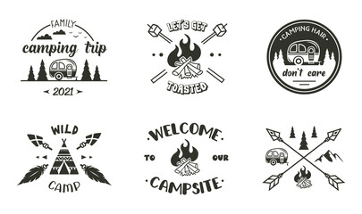 Wall Mural - camping emblem designs. vector adventure symbols with quotes. travel badges and lables. outdoors vec