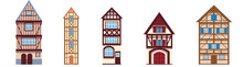 Set Of Cozy Half-timbered Houses Isolated On A White Background Collection Of Old German And French Houses Illustration In A Flat Cartoon Style