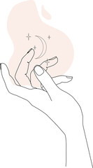stars and moon in the hand. line art concept of magic symbol. linear mystical hand with abstract sha