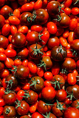 Wall Mural - Red ripe tomatoes texture background. Different qualities of tomatoes on the wooden table. Black tomato Solanum lycopersicum.