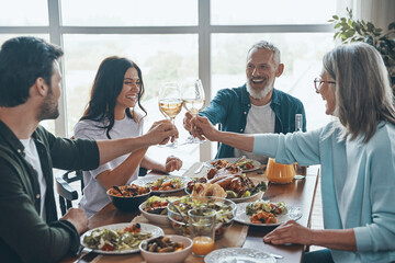 Wall Mural - Happy multi-generation family toasting each other and smiling while having dinner together