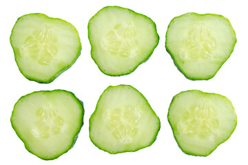 Wall Mural - Fresh cucumber slices isolated on white background, top view. Fresh cucumber slices isolated on white background, top view. Cucumber slices isolated on white. Set of fresh round cucumber slices.