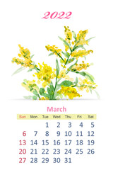 Wall Mural - floral calendar 2022. watercolor sketching graceful flowers. mar