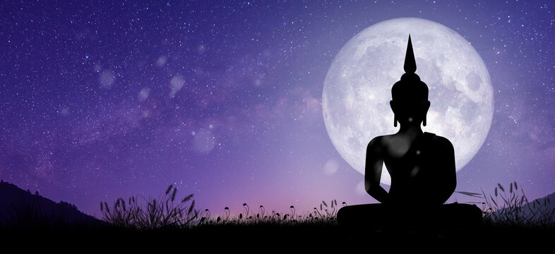 Wall Mural -  - Silhouette of Buddha mediating with Full moon light at night. Magha Puja, Asanha Puja, and Visakha Puja Day. Buddhist holiday Concept.