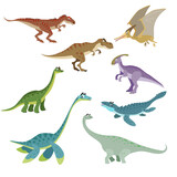 Fototapeta Dinusie - Cartoon dinosaurs set. Cute dinosaurs collection in flat funny style. Predators and herbivores prehistoric wild animals. Vector illustration isolated on white background.
