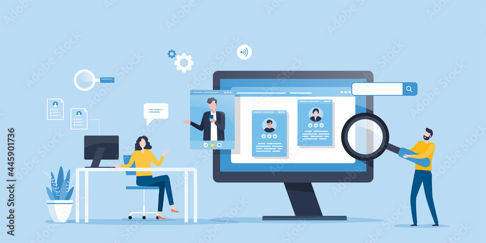 flat illustration business team research people Profile for job hiring and online interview with video conference meeting concept - obrazy, fototapety, plakaty 