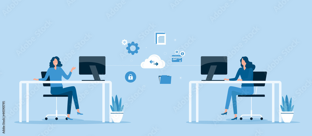 Flat vector illustration smart working online and business team working connection with cloud server storage concept - obrazy, fototapety, plakaty 