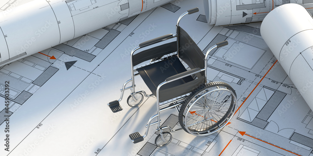 Wheelchair on construction drawings background. 3d illustration - obrazy, fototapety, plakaty 