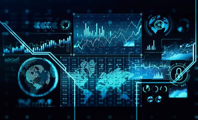 Aufkleber - Dark cyberspace with icons, Earth, chart details and world map