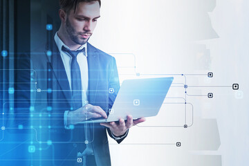 Poster - Businessman programmer is typing a code on laptop to protect a c