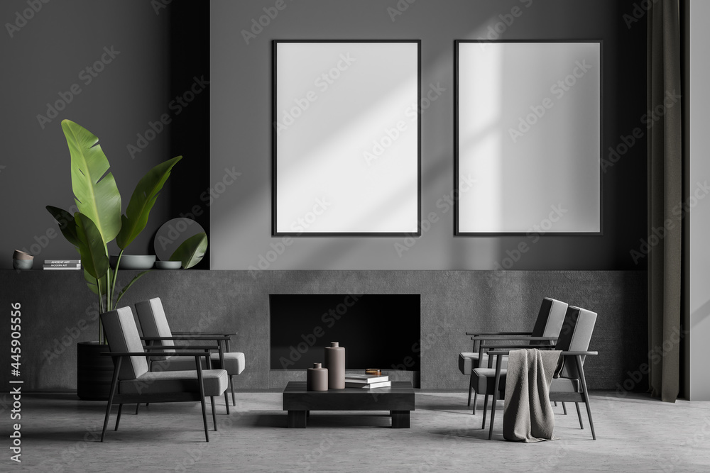 Modern living room interior with concrete floor and fireplace. Two mock up empty posters on the wall. Concept of contemporary design. - obrazy, fototapety, plakaty 