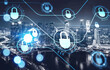 © ImageFlow - Blue glowing information protection padlock icons over night Singapore panoramic city view. The concept of cyber security and data storage. Double Exposure.