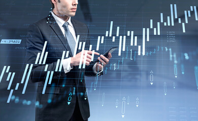 Poster - Ambitious businessman in formal suit is holding the smart phone