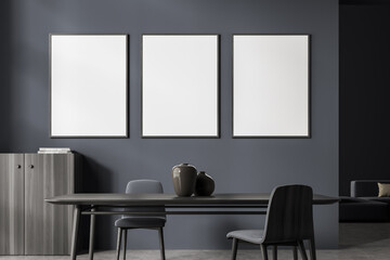 Three banners in the dark grey living room with table and sideboard