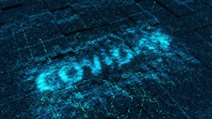Poster - Digital abstract pixelated blue monitor with the inscription covid 19. Animation. Using artificial intelligence against pandemic.
