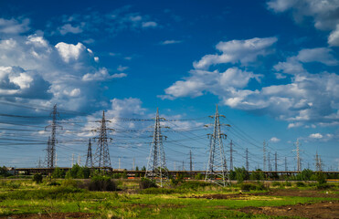 High voltage electric pylon and electrical wire . High voltage grid tower. 