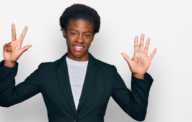 Poster - Young african american girl wearing business clothes showing and pointing up with fingers number eight while smiling confident and happy.