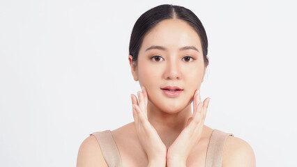 Wall Mural - Beauty and skin concept. Young asian woman beauty face make up for skincare cosmetic and showing natural wellness soft and firm and ageless facial skin. younger looking youthful. real acne no retouch.