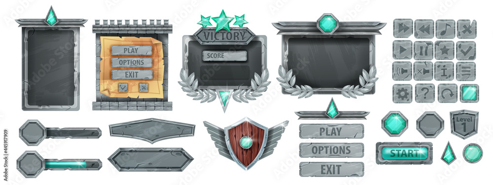 Stone UI game frame, ancient rock button, gray boulder sign board panel ...