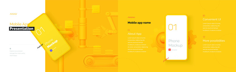 Poster - Modern presentation of a mobile application. Mobile phone mockup on a yellow background with a description of the mobile application. Modern illustration 3D style.